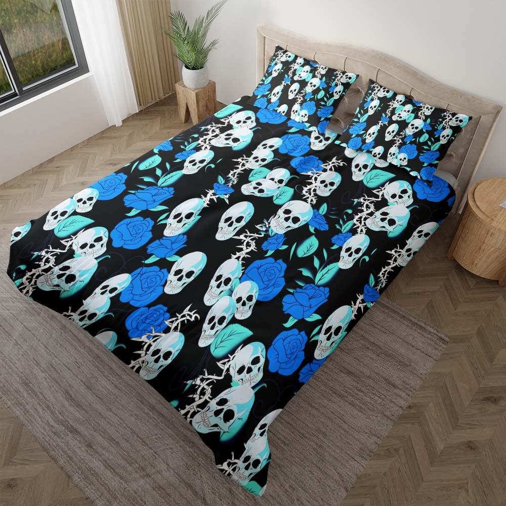 Vivid Blue Rose Skull Pattern Duvet Cover Set - Wonder Skull