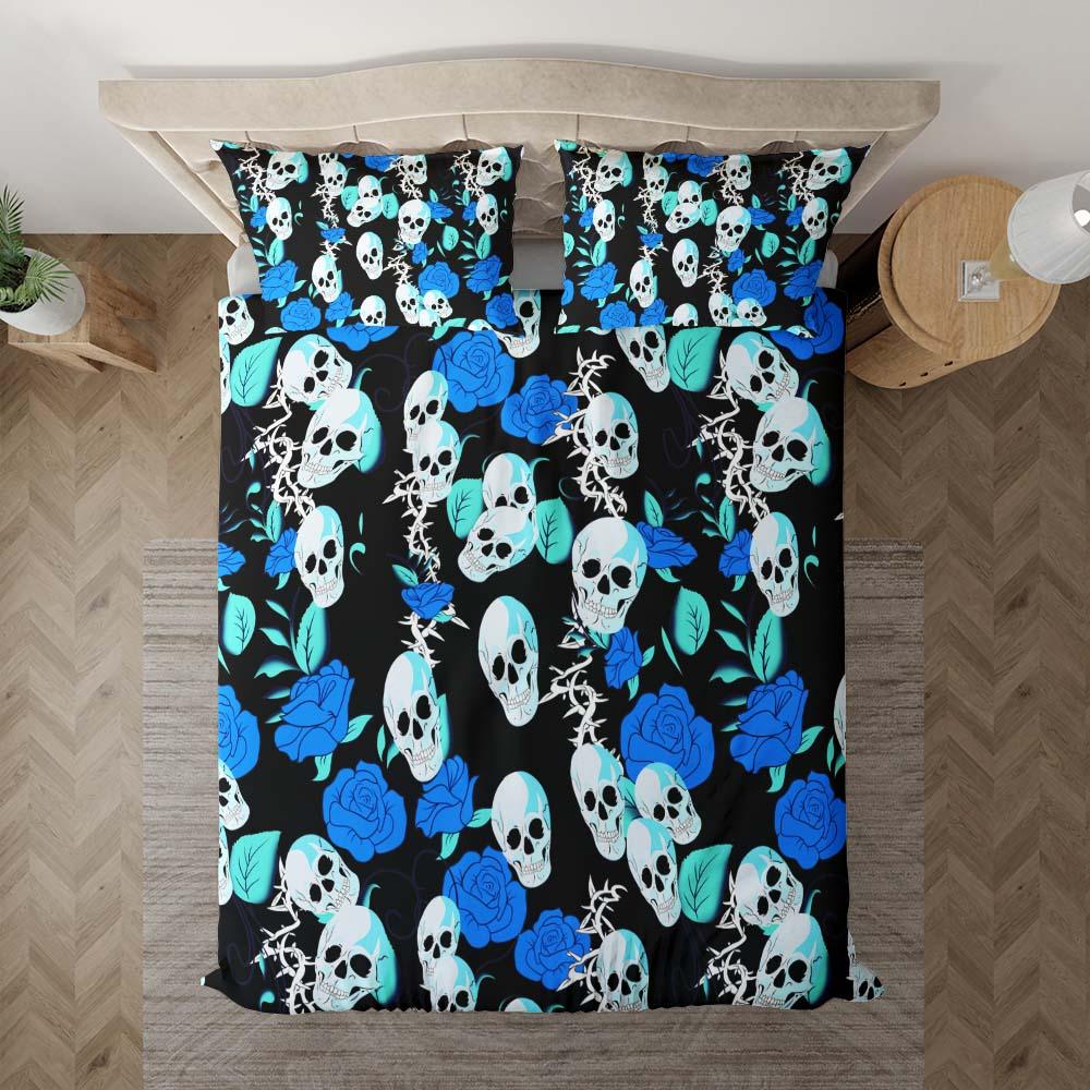 Vivid Blue Rose Skull Pattern Duvet Cover Set - Wonder Skull