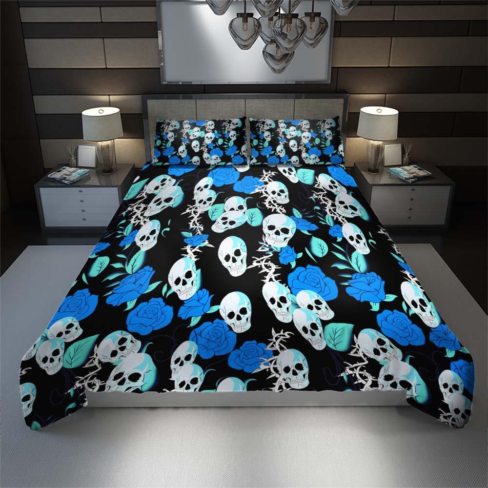 Vivid Blue Rose Skull Pattern Duvet Cover Set - Wonder Skull