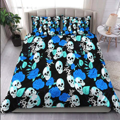 Vivid Blue Rose Skull Pattern Duvet Cover Set - Wonder Skull