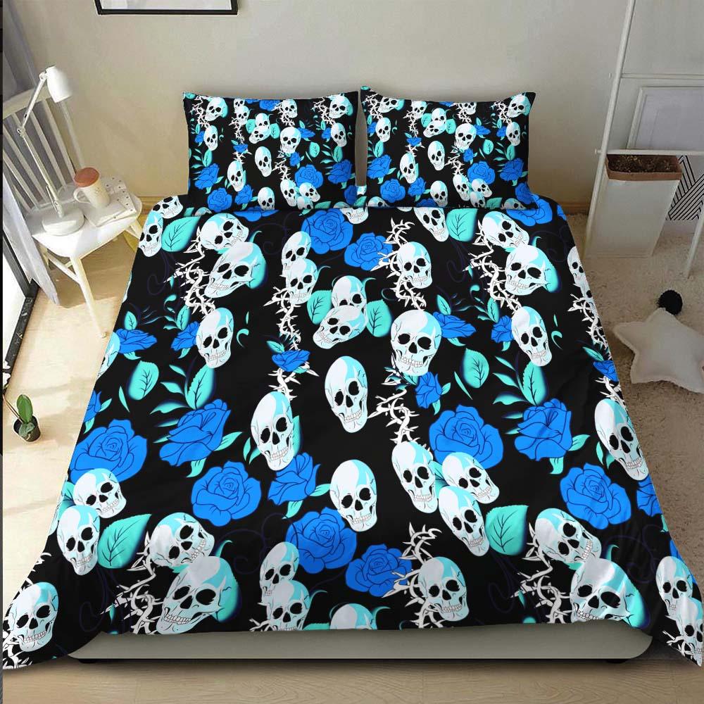 Vivid Blue Rose Skull Pattern Duvet Cover Set - Wonder Skull