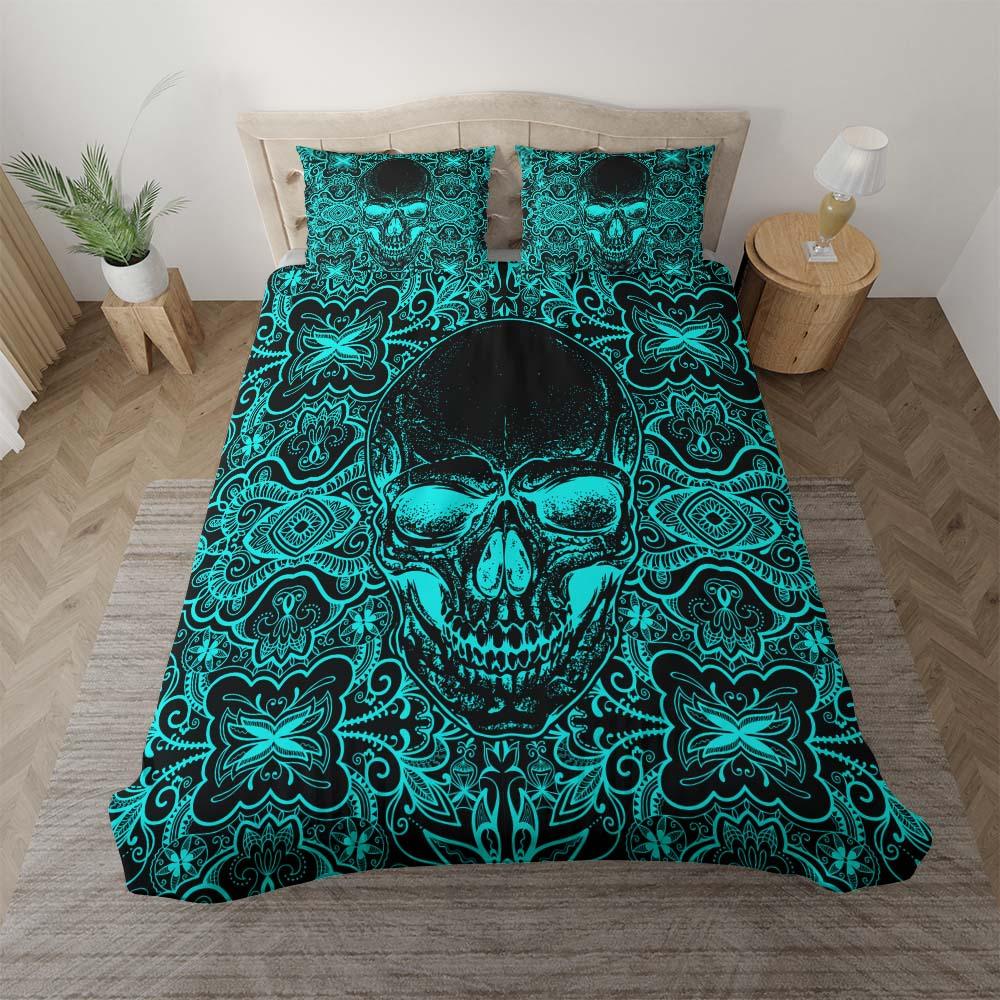 Vivid Cyan Ornament Skull Duvet Cover Set - Wonder Skull
