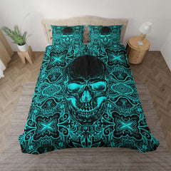 Vivid Cyan Ornament Skull Duvet Cover Set - Wonder Skull