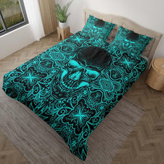 Vivid Cyan Ornament Skull Duvet Cover Set - Wonder Skull