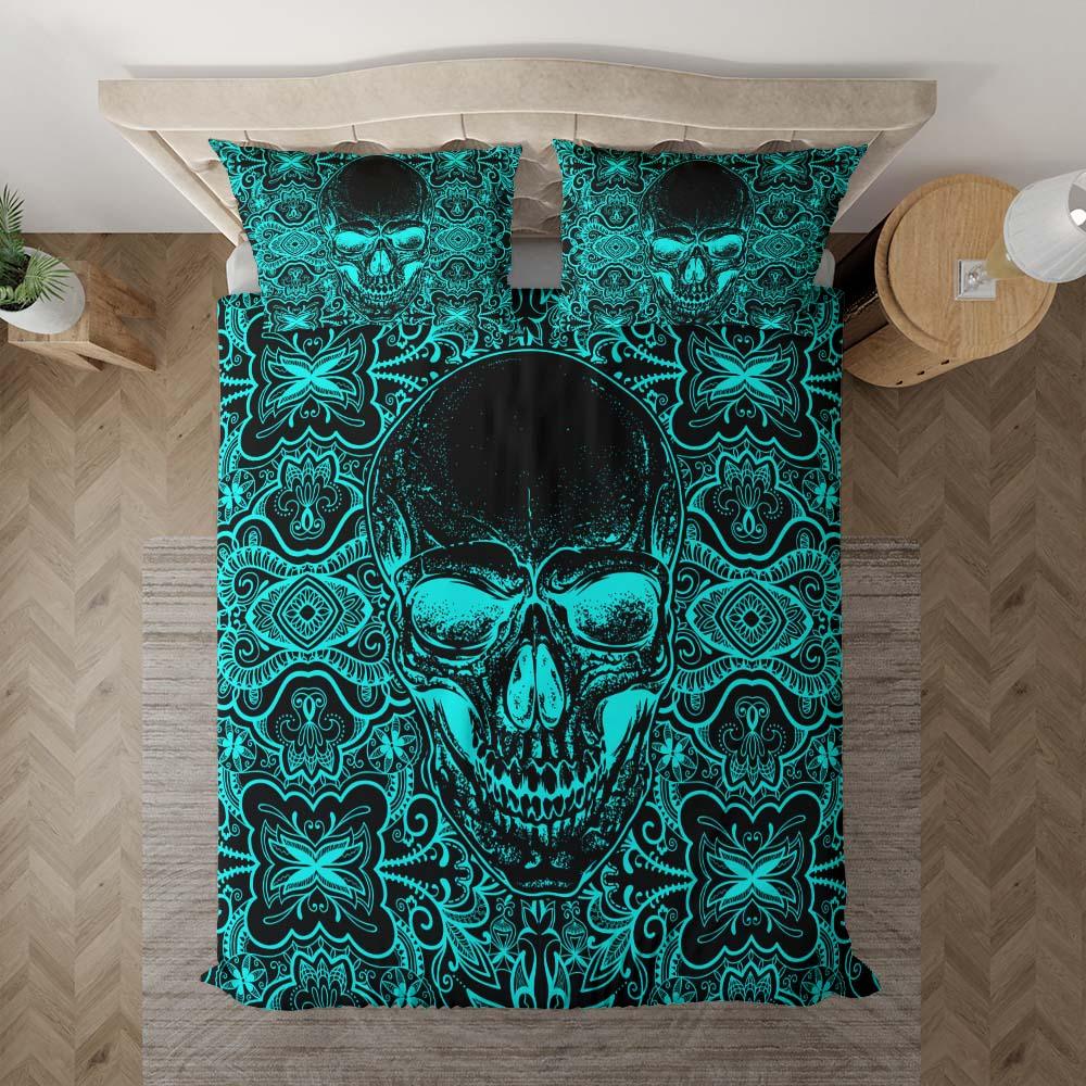 Vivid Cyan Ornament Skull Duvet Cover Set - Wonder Skull