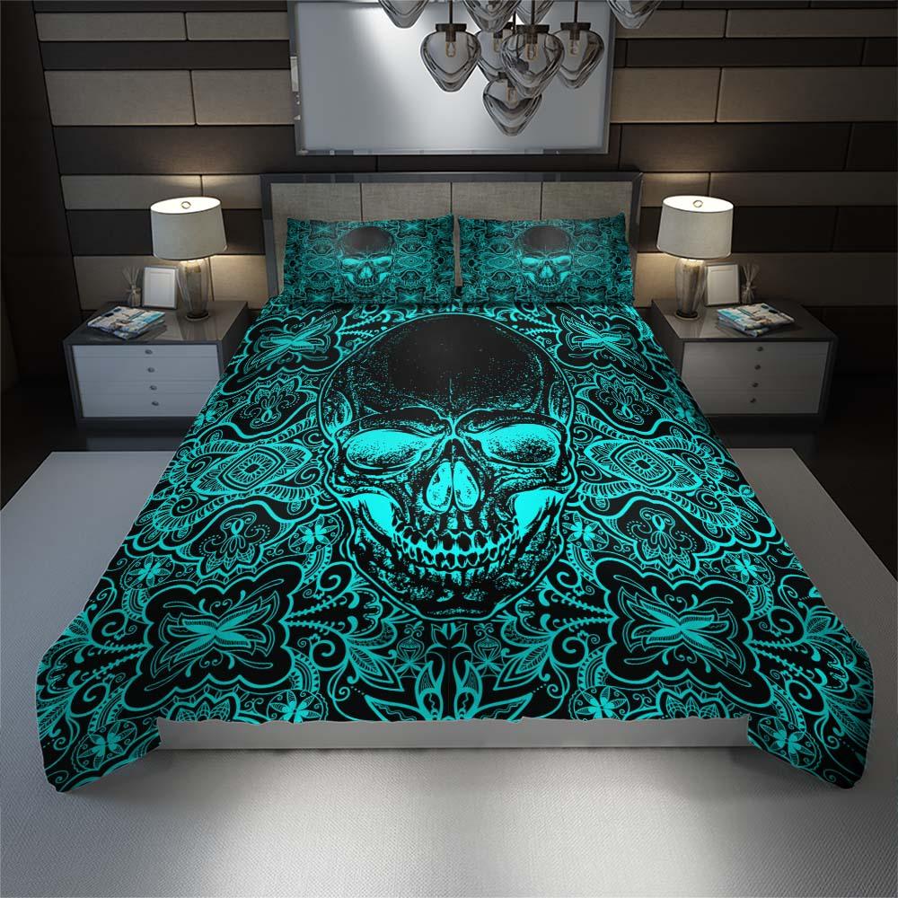 Vivid Cyan Ornament Skull Duvet Cover Set - Wonder Skull