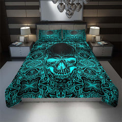Vivid Cyan Ornament Skull Duvet Cover Set - Wonder Skull