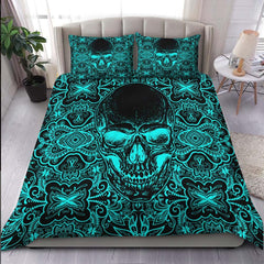 Vivid Cyan Ornament Skull Duvet Cover Set - Wonder Skull