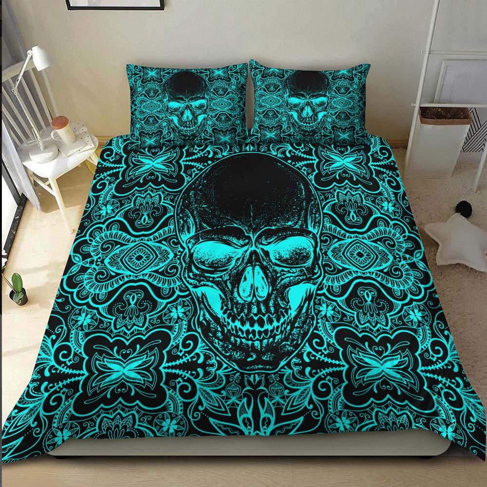 Vivid Cyan Ornament Skull Duvet Cover Set - Wonder Skull