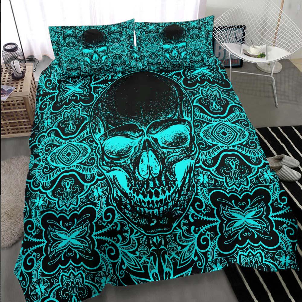 Vivid Cyan Ornament Skull Duvet Cover Set - Wonder Skull