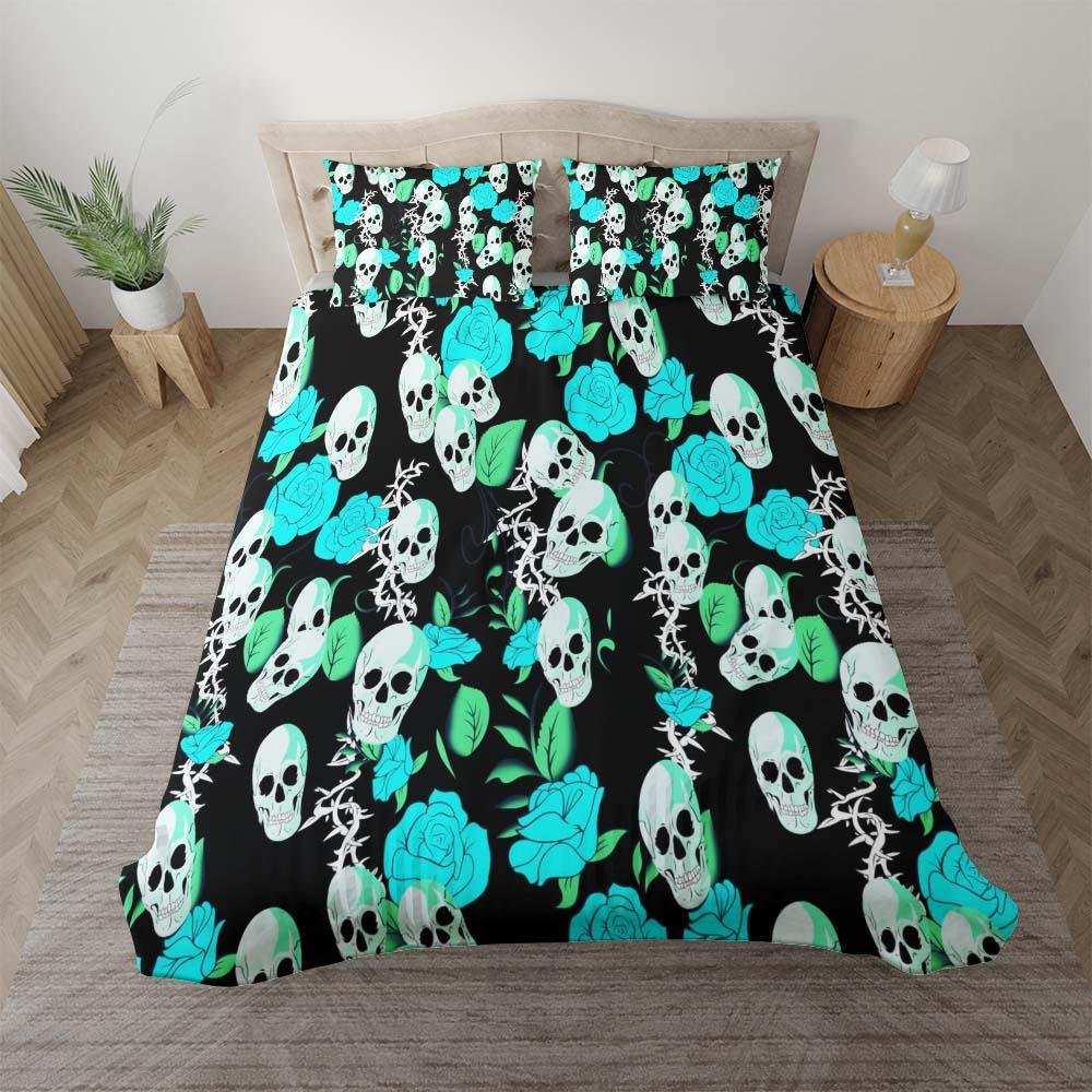 Vivid Cyan Rose Skull Pattern Duvet Cover Set - Wonder Skull