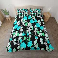 Vivid Cyan Rose Skull Pattern Duvet Cover Set - Wonder Skull