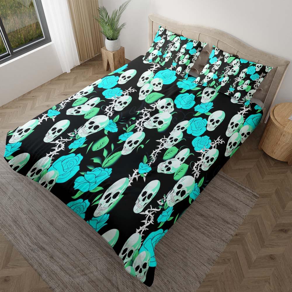 Vivid Cyan Rose Skull Pattern Duvet Cover Set - Wonder Skull