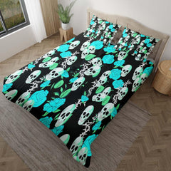 Vivid Cyan Rose Skull Pattern Duvet Cover Set - Wonder Skull