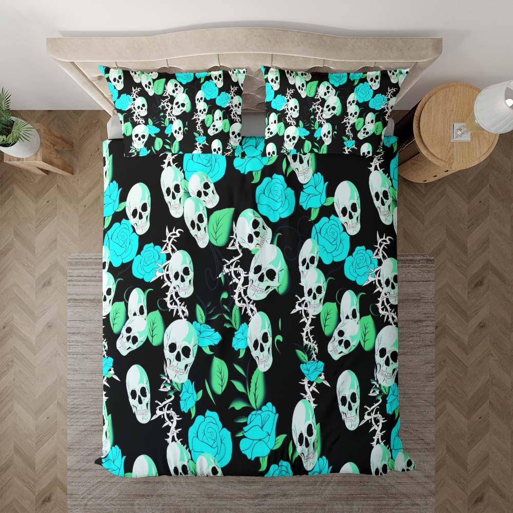 Vivid Cyan Rose Skull Pattern Duvet Cover Set - Wonder Skull