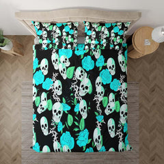 Vivid Cyan Rose Skull Pattern Duvet Cover Set - Wonder Skull