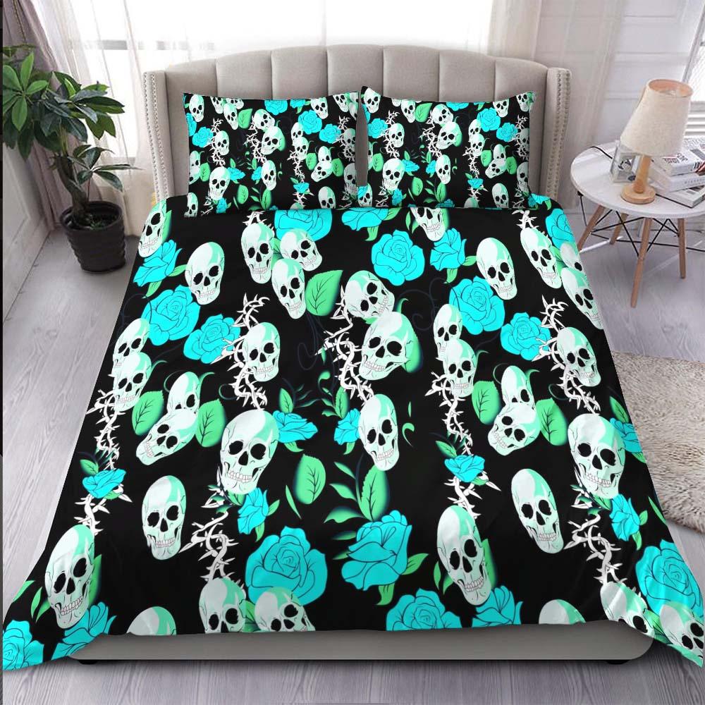 Vivid Cyan Rose Skull Pattern Duvet Cover Set - Wonder Skull