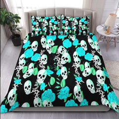Vivid Cyan Rose Skull Pattern Duvet Cover Set - Wonder Skull