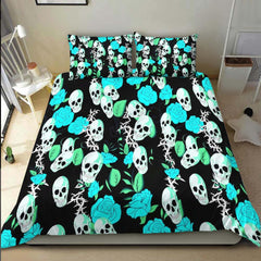 Vivid Cyan Rose Skull Pattern Duvet Cover Set - Wonder Skull