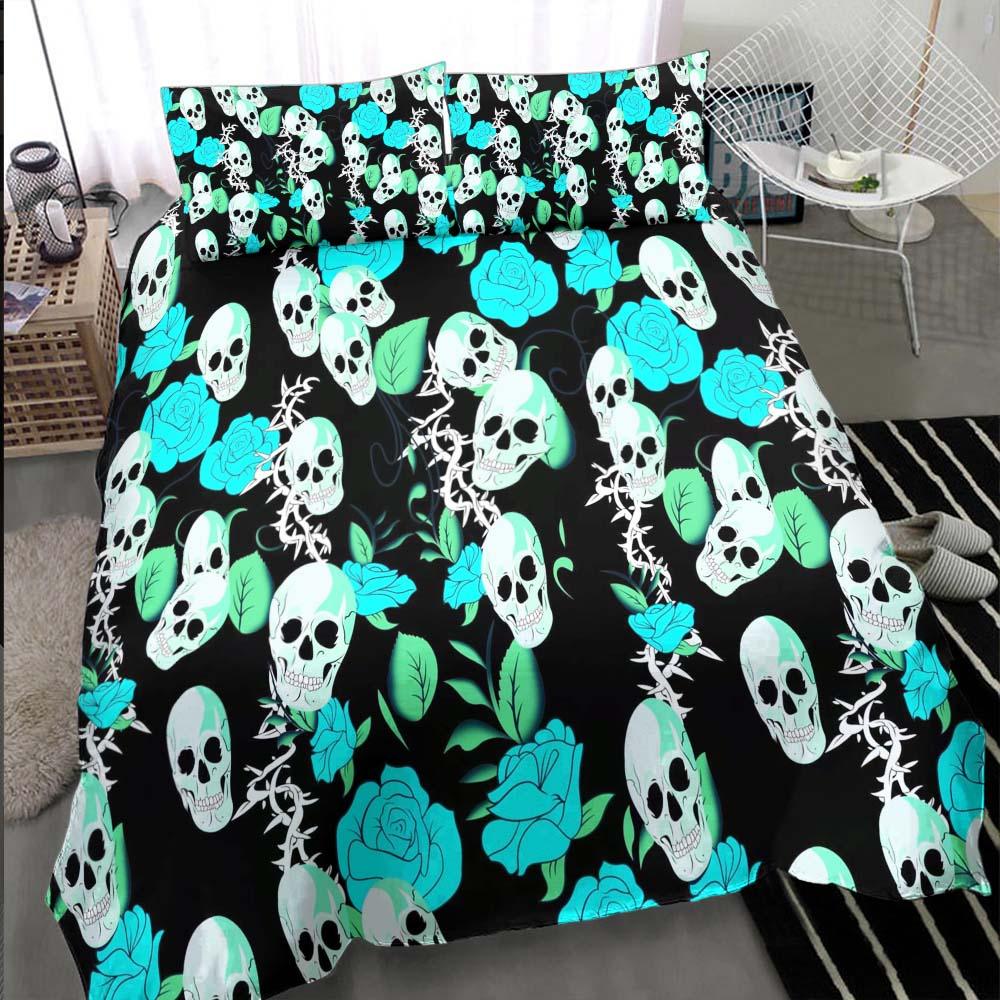 Vivid Cyan Rose Skull Pattern Duvet Cover Set - Wonder Skull