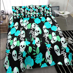 Vivid Cyan Rose Skull Pattern Duvet Cover Set - Wonder Skull