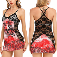 Red Gothic Rose Skull Black Lace Sleepwears Babydol Dresses - Wonder Skull