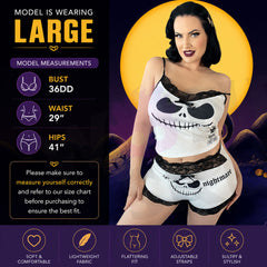  Wonder Skull "Unique Iconic Printing" Sleepwear Set features playful skull designs and elegant lace details for a whimsical yet sophisticated look. Made from high-quality materials, it offers comfort and durability, perfect for lounging and sleeping. This stylish set is a must-have for a unique nighttime wardrobe.