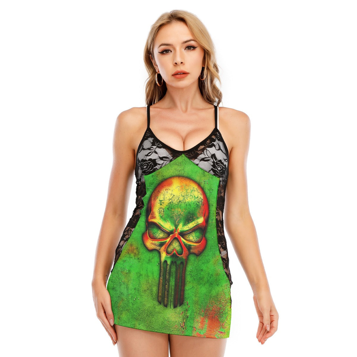 Holographic Green Skull Art Women's Black Lace Babydolls Nightgowns | Women Sleepwear Babydoll, Nightgowns