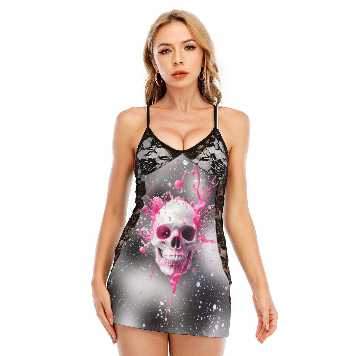 Pink Skull Melting Women's Black Lace Cami Dress Babydolls Nightgowns