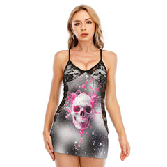 Pink Skull Melting Women's Black Lace Cami Dress Babydolls Nightgowns