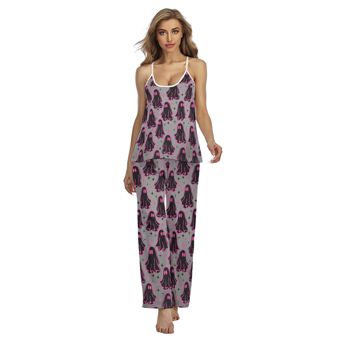 Pink Boo Pattern Cami Pajamas Sets For Women Sleepwears Combo