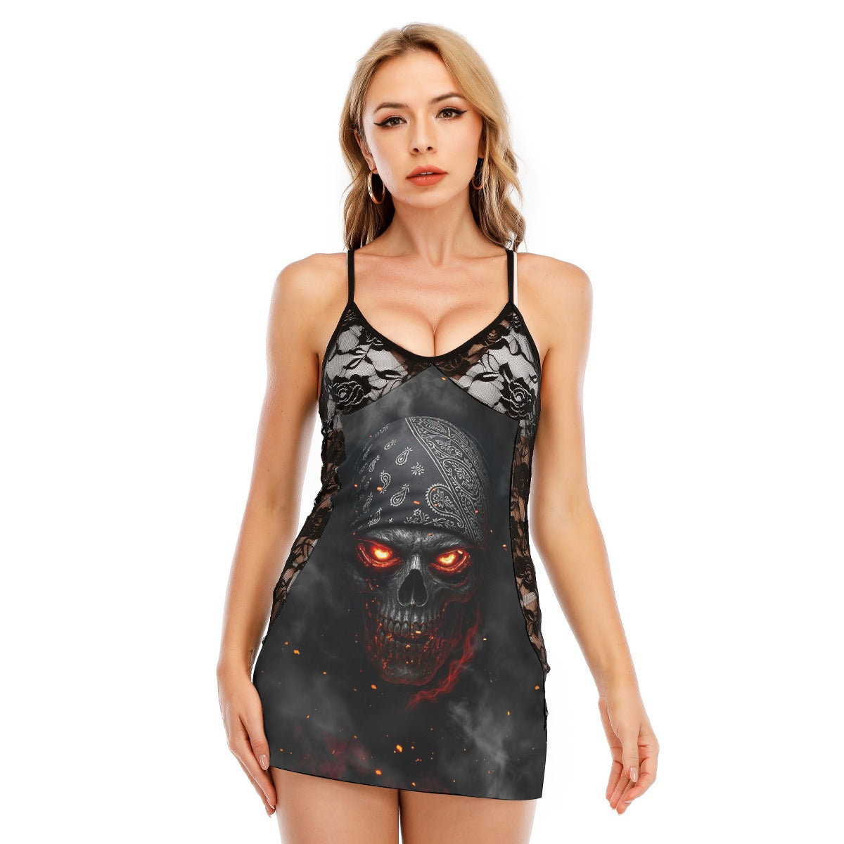 Cinder Skull Art Women's Black Lace Cami Dress Babydolls Nightgowns