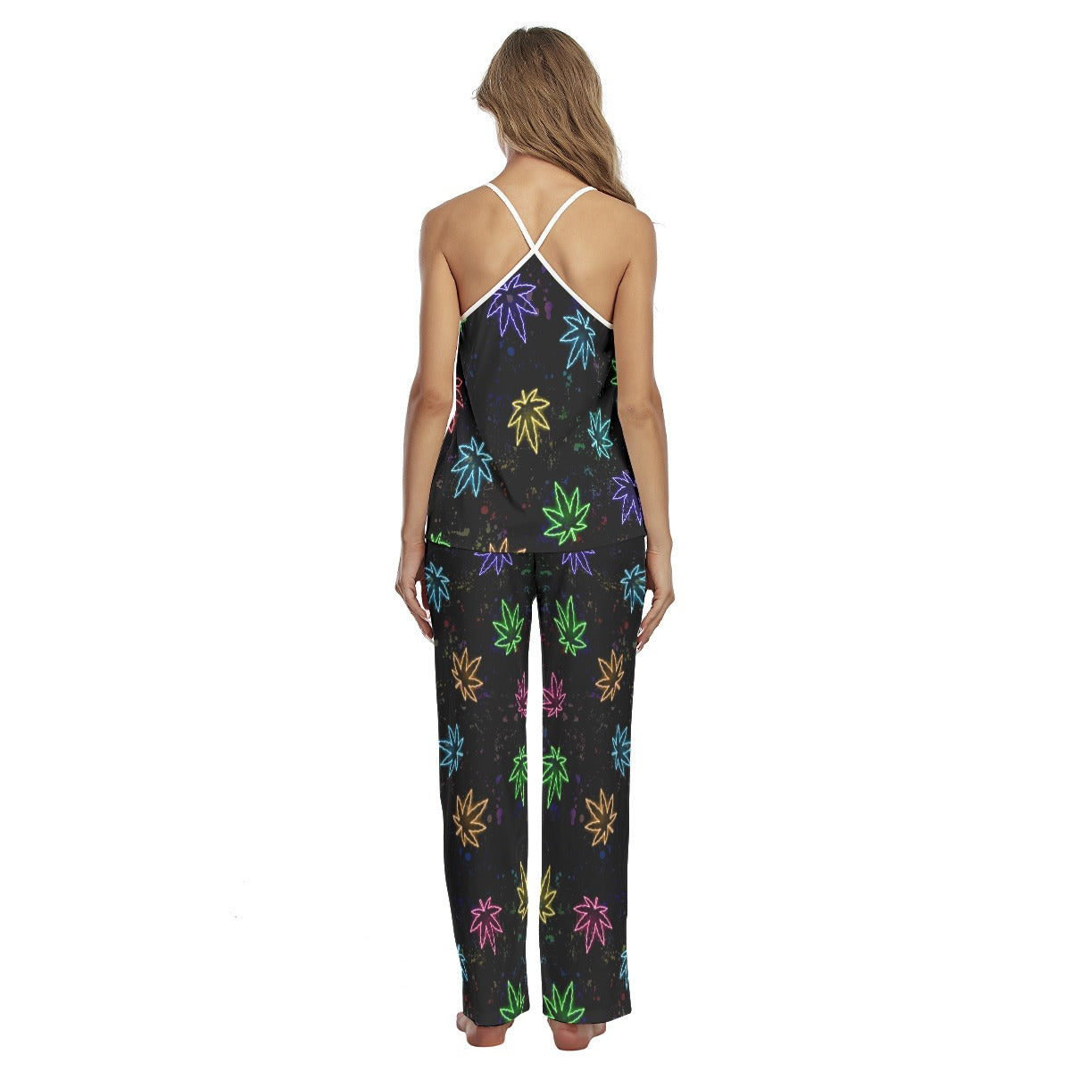 Neon Skull Leaf Pattern Cami Pajamas Sets For Women Sleepwears Combo
