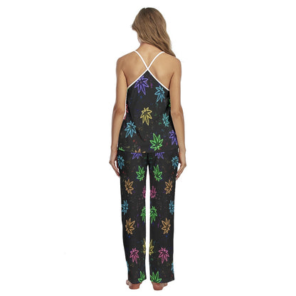Neon Skull Leaf Pattern Cami Pajamas Sets For Women Sleepwears Combo