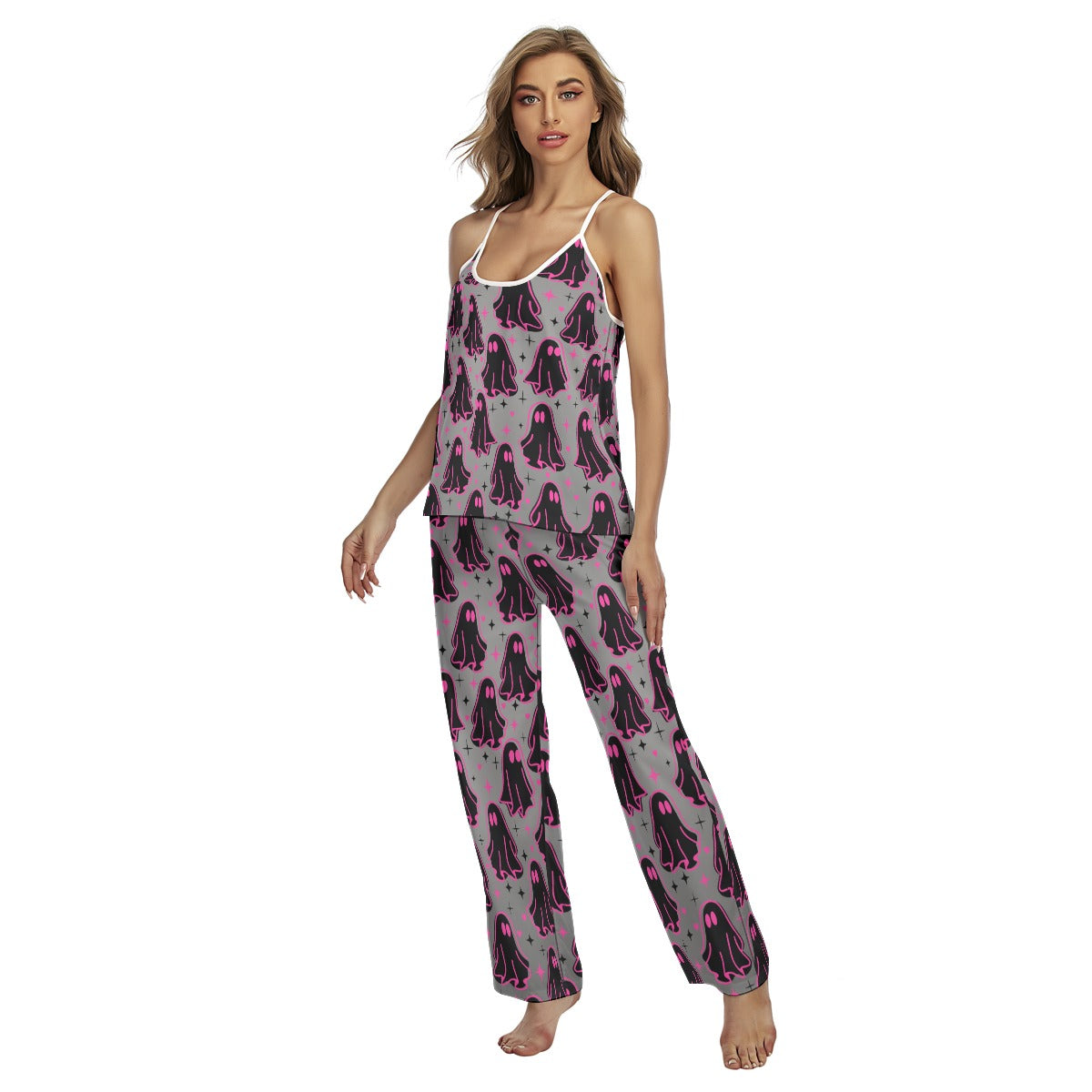 Pink Boo Pattern Cami Pajamas Sets For Women Sleepwears Combo