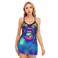 Abstract Fantasy Skull Lip Women's Black Lace Cami Dress Babydolls Nightgowns