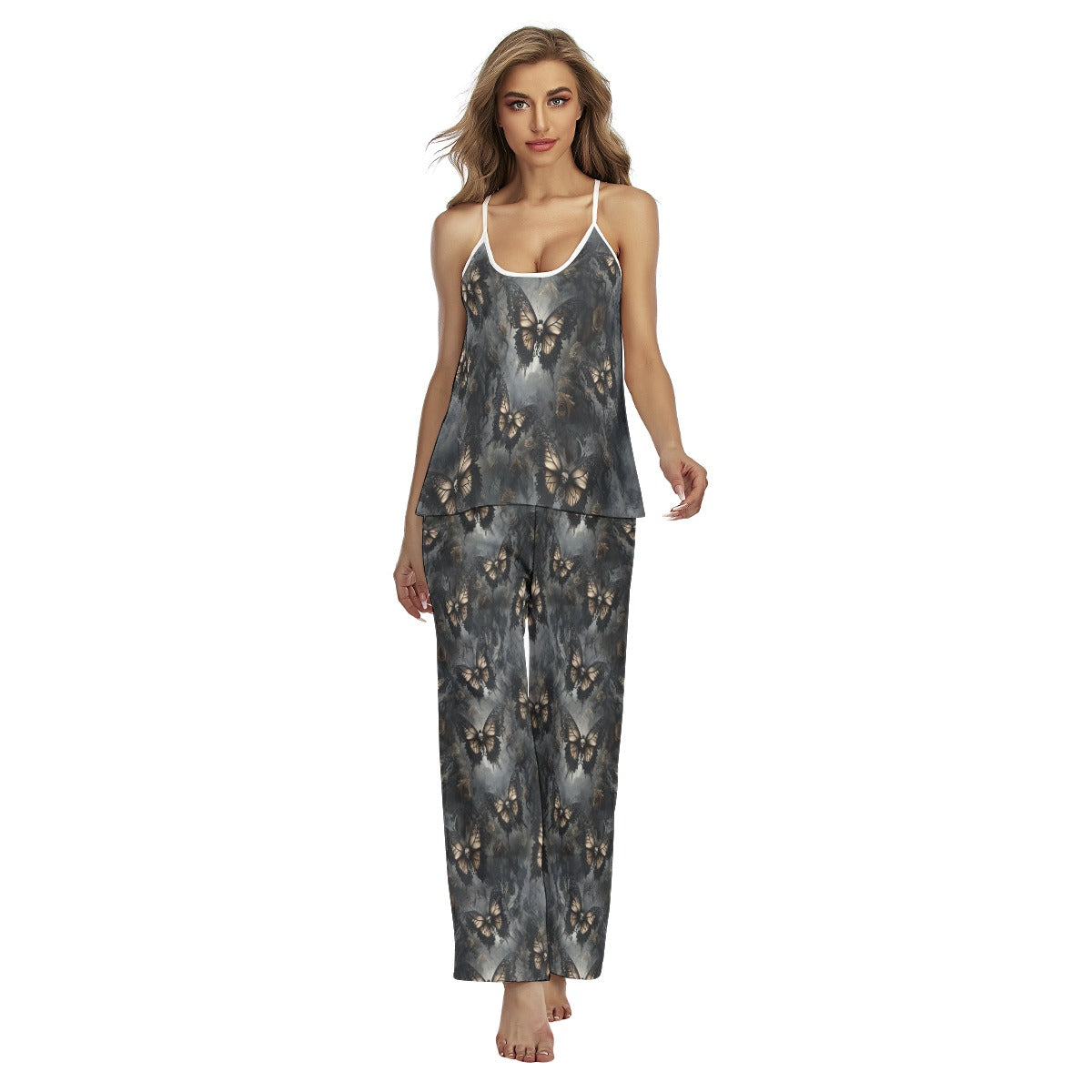 Tan Skull Butterfly Gothic Cami Pajamas Sets For Women Sleepwears Combo