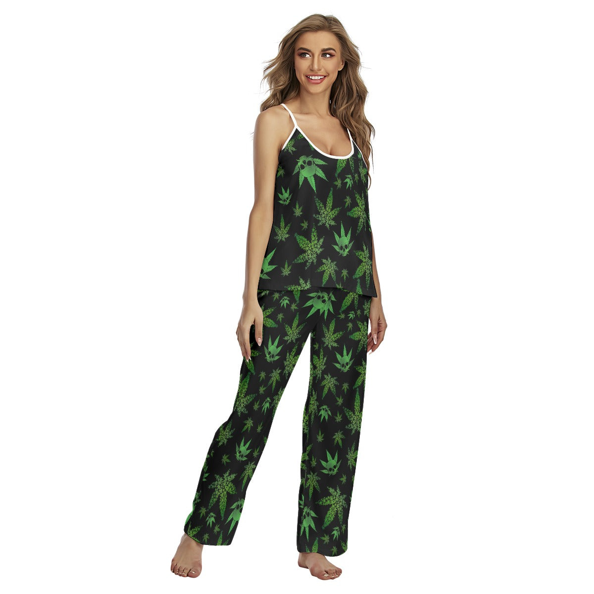 Green Skull Leaf Pattern Cami Pajamas Sets For Women Sleepwears Combo