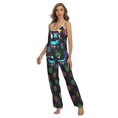 Neon Skull Leaf Pattern Cami Pajamas Sets For Women Sleepwears Combo