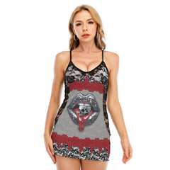 Red Metal Skull Lip Women's Black Lace Cami Dress Babydolls Nightgowns