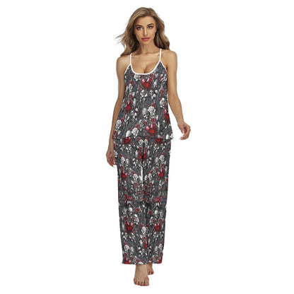 Skull Filigree Diamond Pattern Cami Pajamas Sets For Women Sleepwears Combo