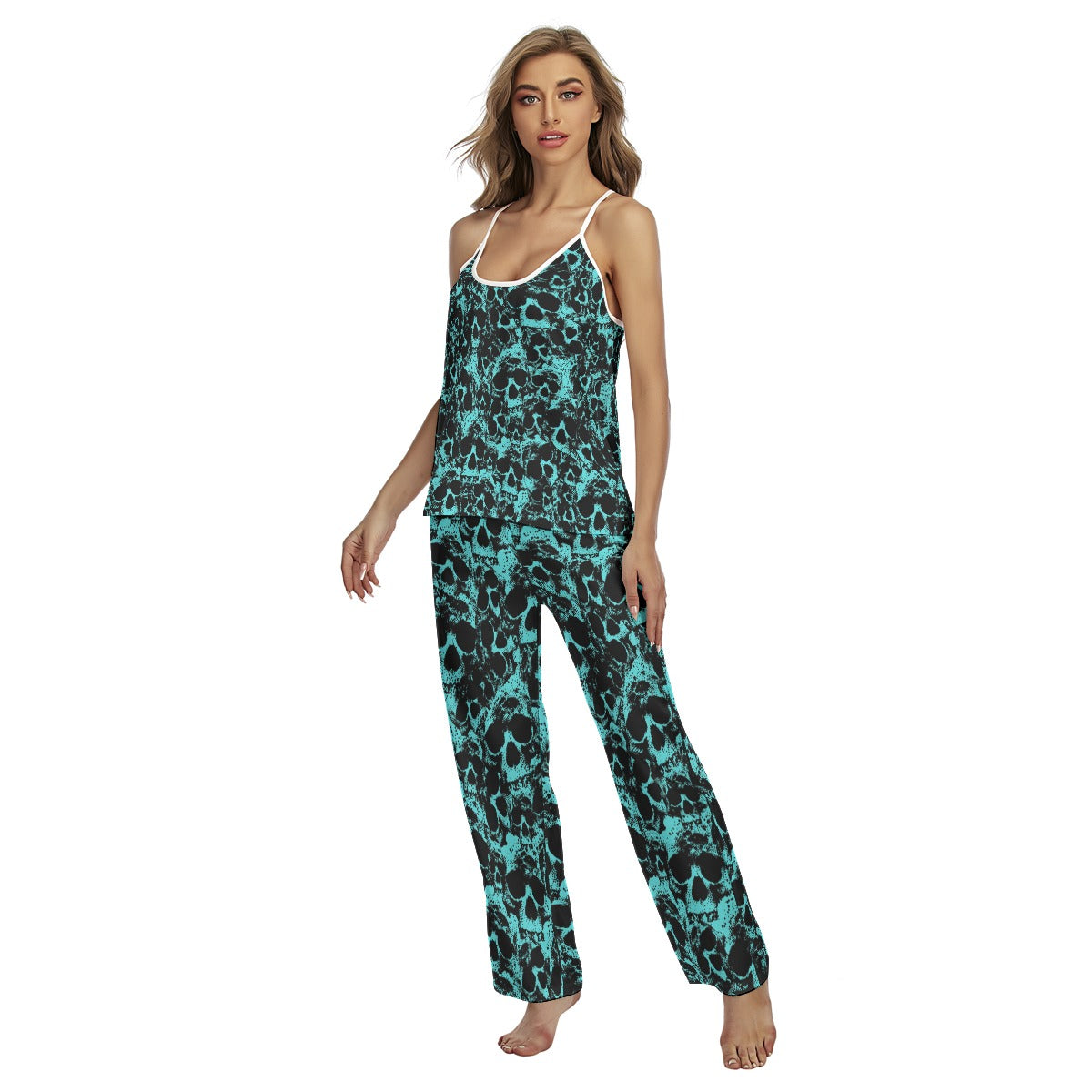 Cyan Skull Pattern Pajamas Sets For Women Sleepwears Combo