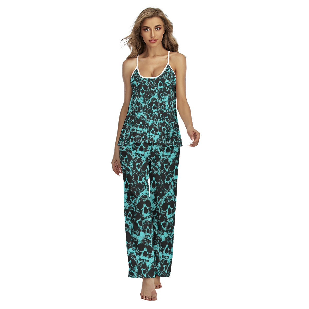 Cyan Skull Pattern Pajamas Sets For Women Sleepwears Combo