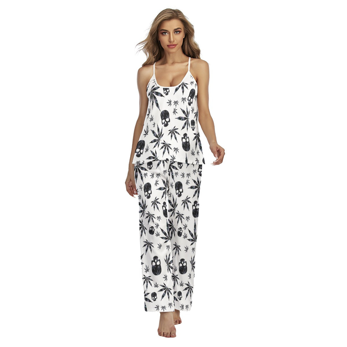 Black Skull Leaf Pattern Cami Pajamas Sets For Women Sleepwears Combo