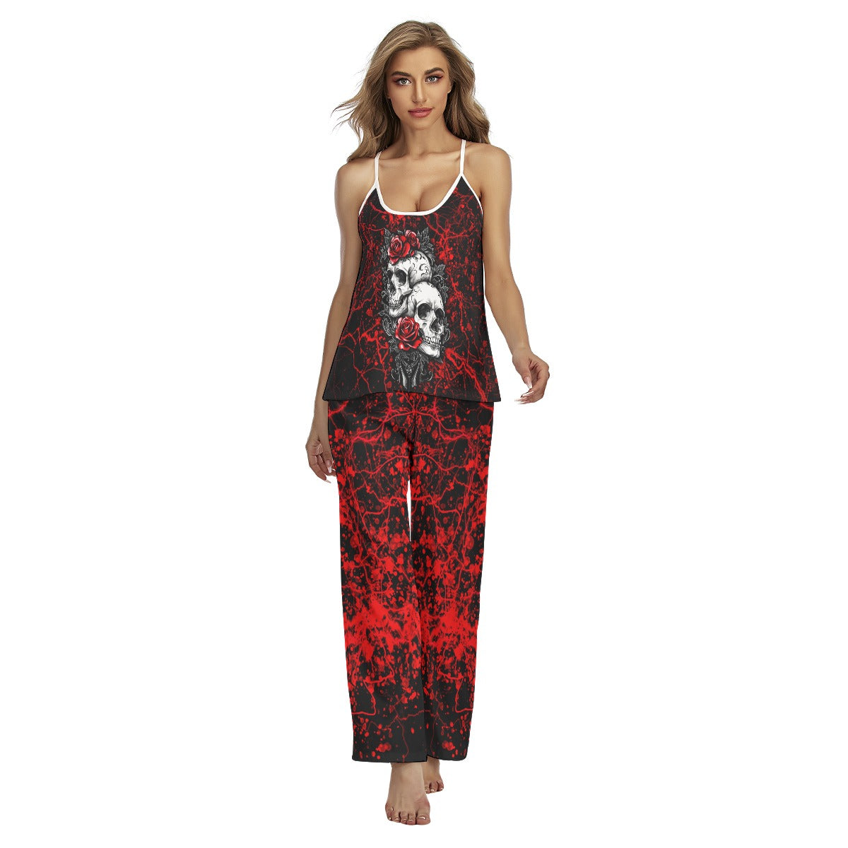 Red Skull Rose Grunge Cami Pajamas Sets For Women Sleepwears Combo