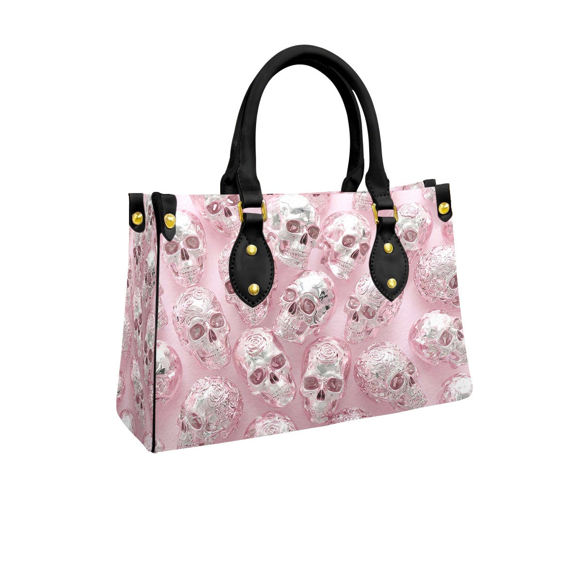 Pink Silver Rose Pattern Structured Tote Bag Multi-Pocket Handbag