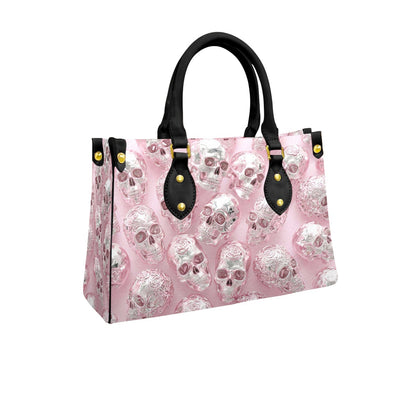 Pink Silver Rose Pattern Structured Tote Bag Multi-Pocket Handbag