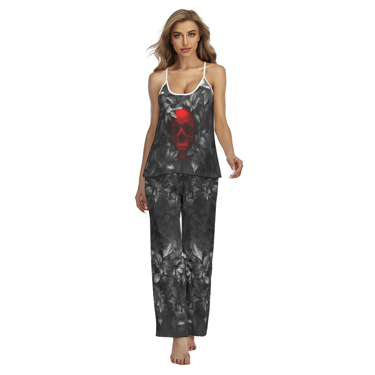 Red Skull Leaf Gothic Cami Pajamas Sets For Women Sleepwears Combo