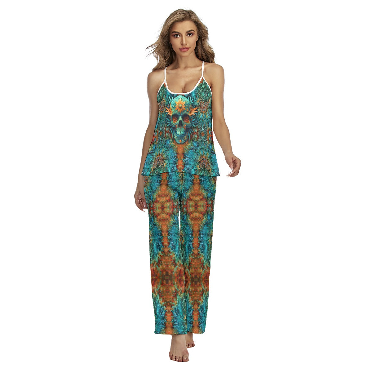 Abstract Skull Leaf Art Cami Pajamas Sets For Women Sleepwears Combo