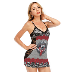 Red Metal Skull Lip Women's Black Lace Cami Dress Babydolls Nightgowns